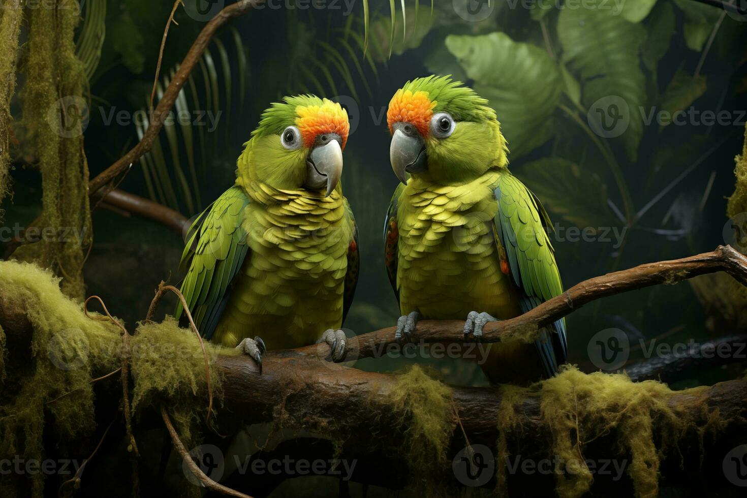 AI generated parrots in the rainforest, realistic painting in vintage style photo