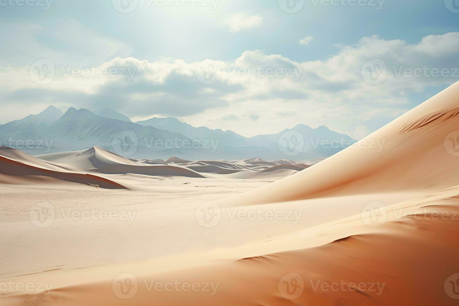 AI generated highland desert landscape with sand dunes and mountains on the backdrop photo