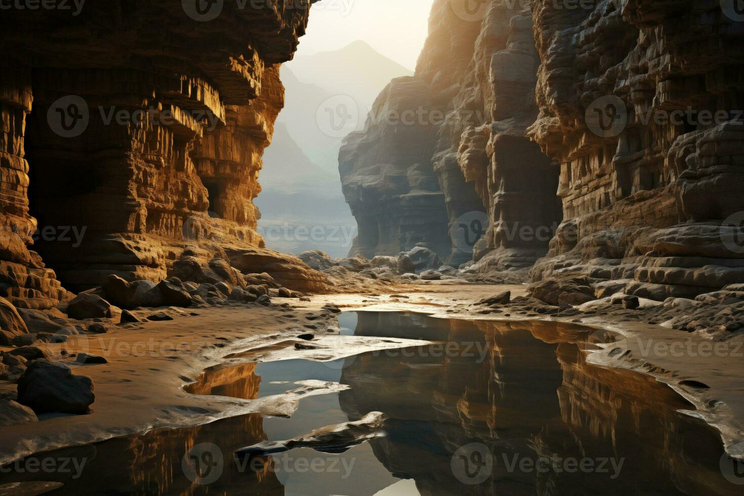 AI generated seasonal watercourse at the bottom of a canyon in a desert area photo