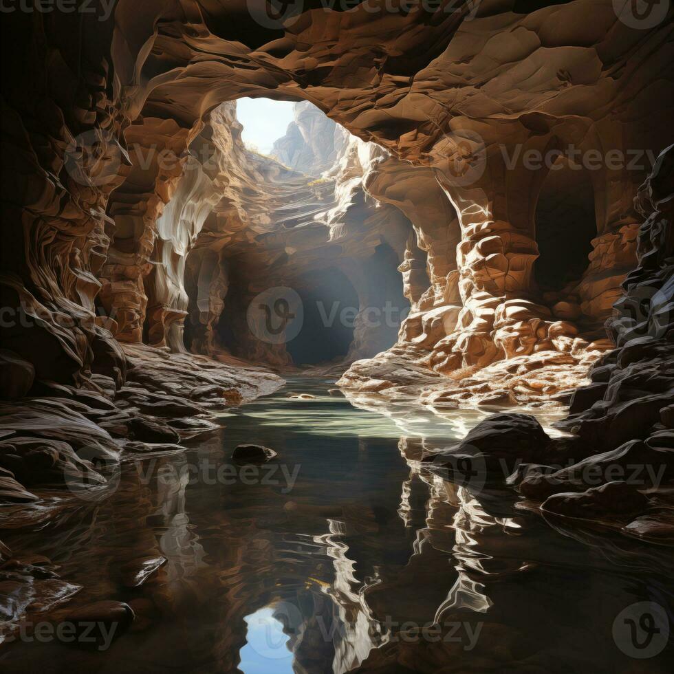 AI generated underground lake at the bottom of a canyon in a desert area photo