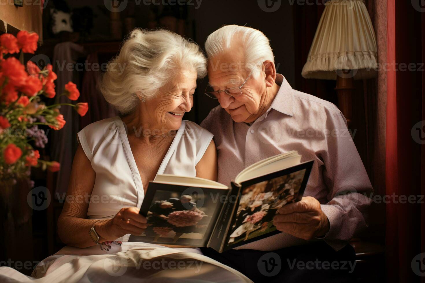 AI generated elderly couple looking at a photobook indoor photo