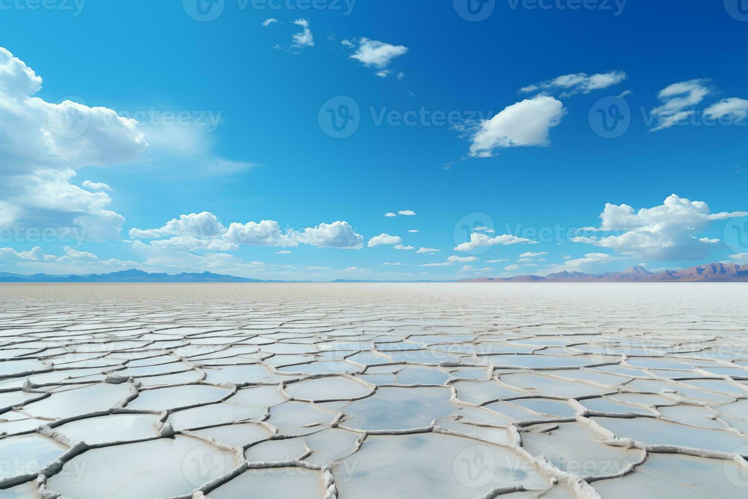 AI generated landscape of dry salt lake bed with white cracked surface photo