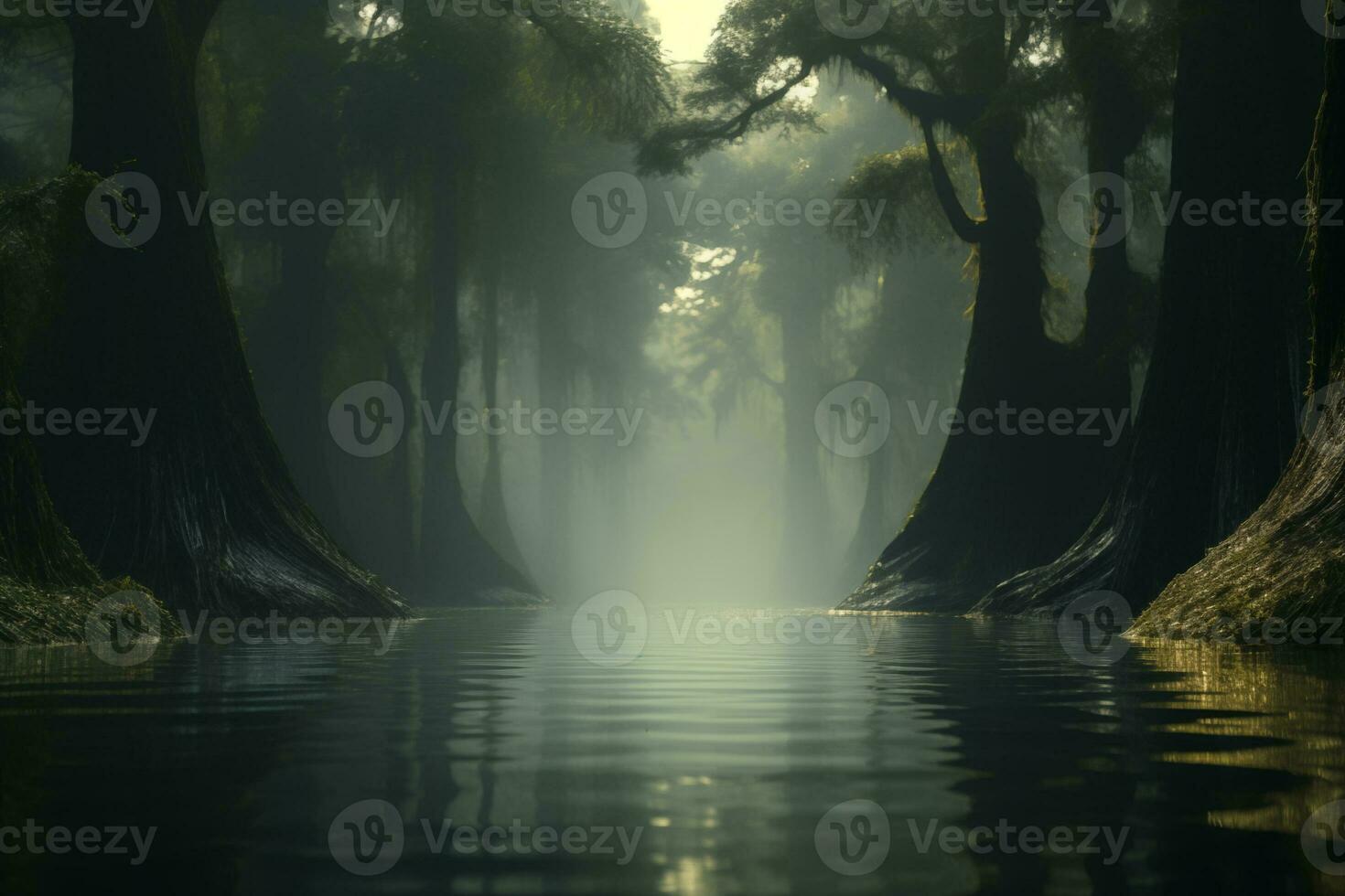 AI generated mysterious flooded forest, gloomy bayou landscape photo
