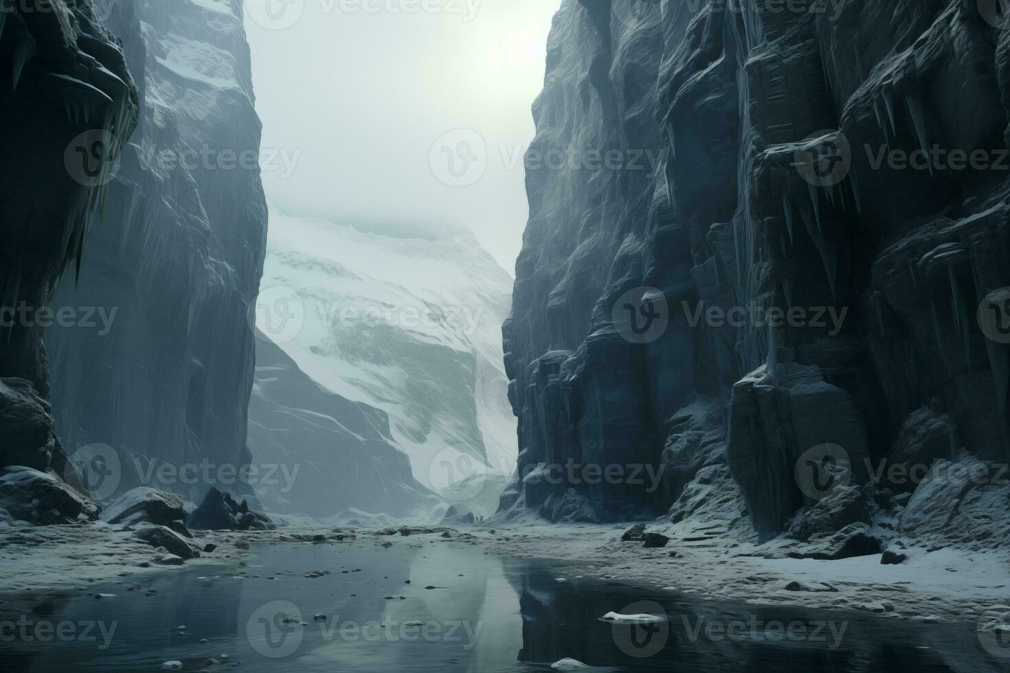 AI generated harsh winter landscape, icy canyon with frozen river photo