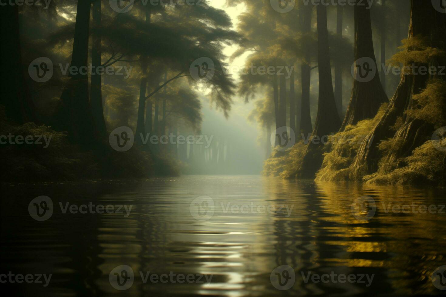 AI generated waterscape - river in swampy rainforest, bayou, flooded forest photo