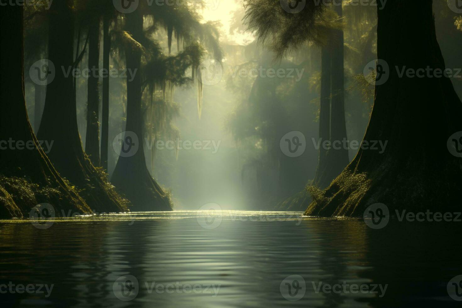 AI generated tropical landscape with river in swampy rainforest, bayou, flooded forest photo