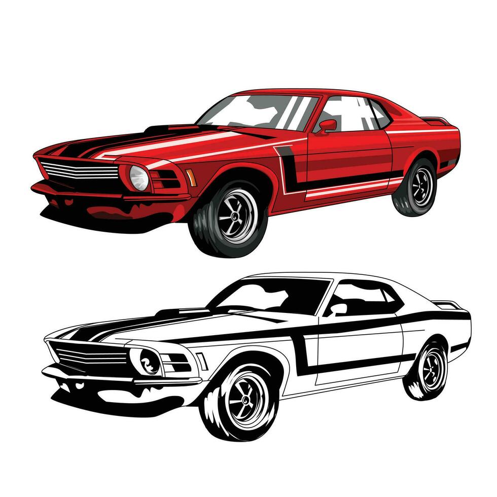Retro sports car mustang black and white vector