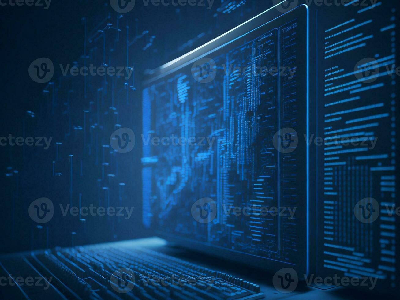 AI generated Blue digital binary data on computer screen background. binary code background . abstract blue background photo