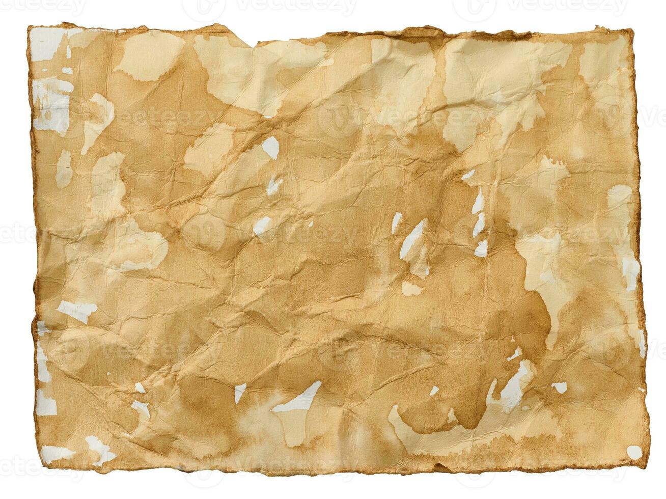 Crumpled white sheet of drenched coffee, white isolated background photo