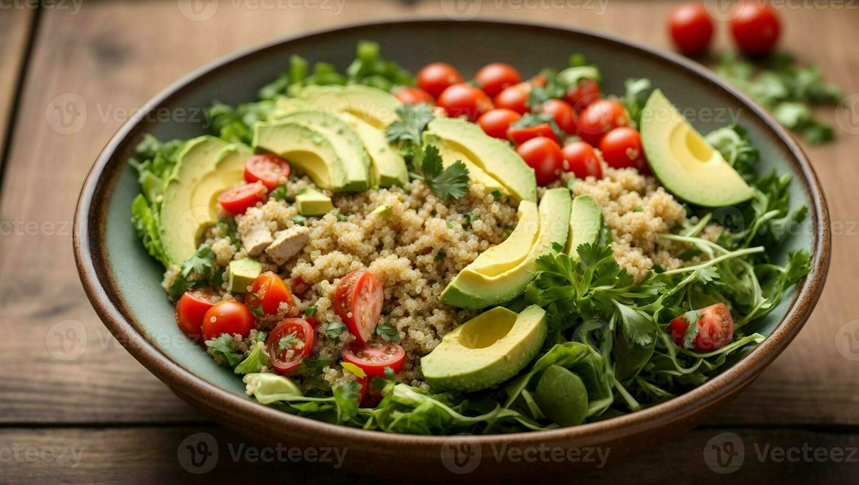 ai generado sano ensalada cuenco con quinua, Tomates y aguacate foto