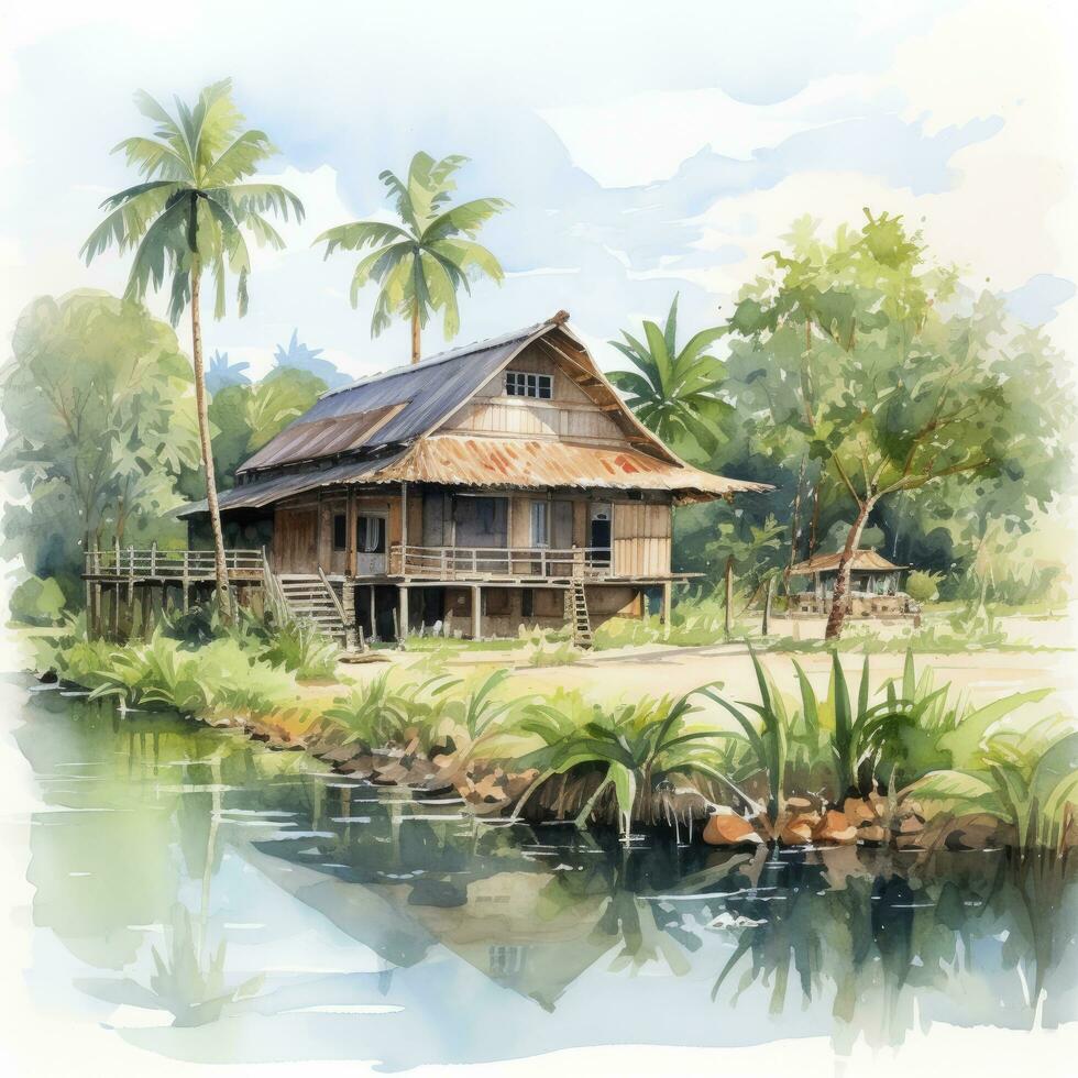 AI generated A watercolored bright serene image of a traditional bahay kubo. AI Generated photo