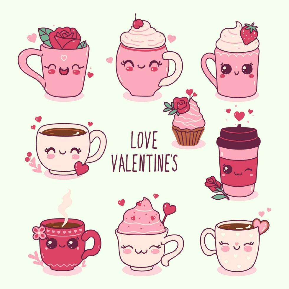 Set of cute valentines day mugs. Vector graphics.