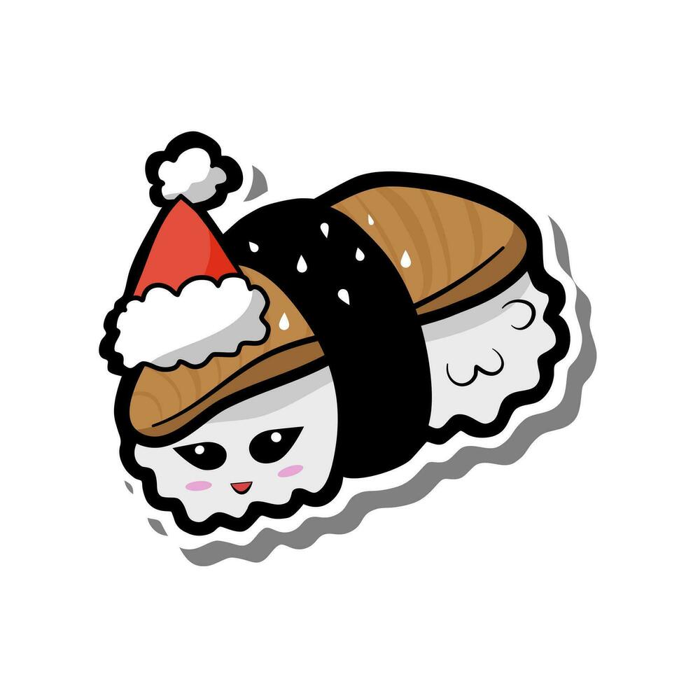 Cute cartoon Eel Sushi with Christmas red hat on white silhouette and gray shadow. Vector illustration about holiday.