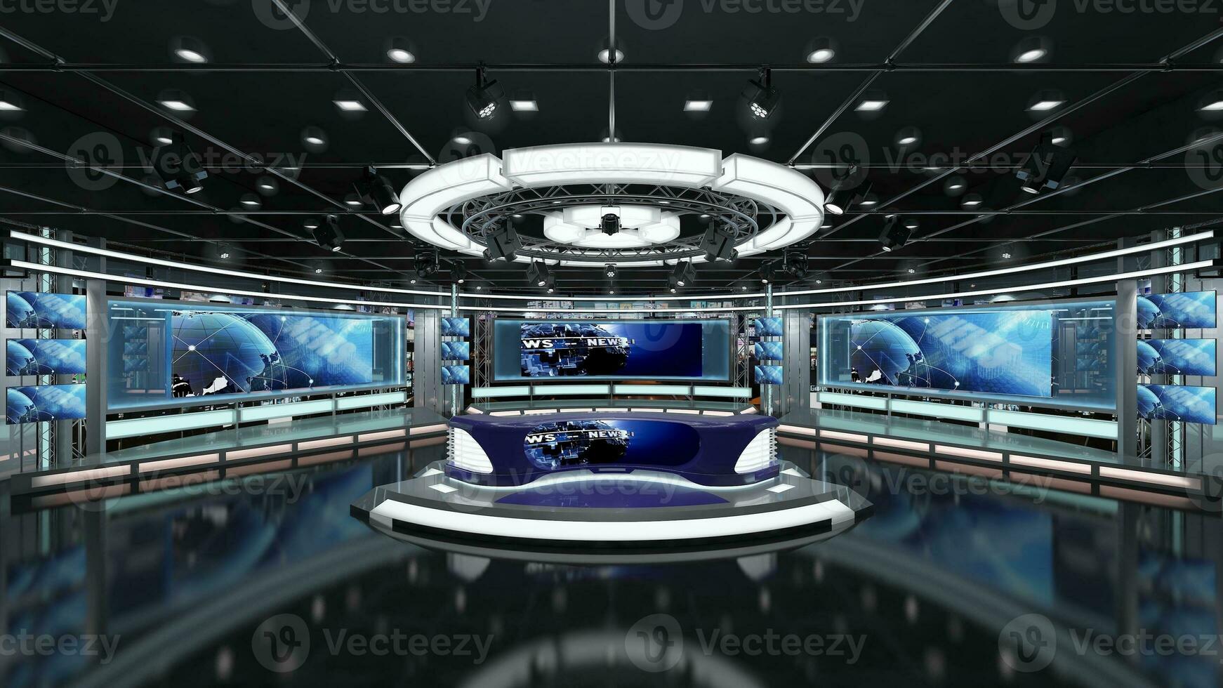 virtual televisión estudio colocar. verde pantalla antecedentes. 3d representación foto