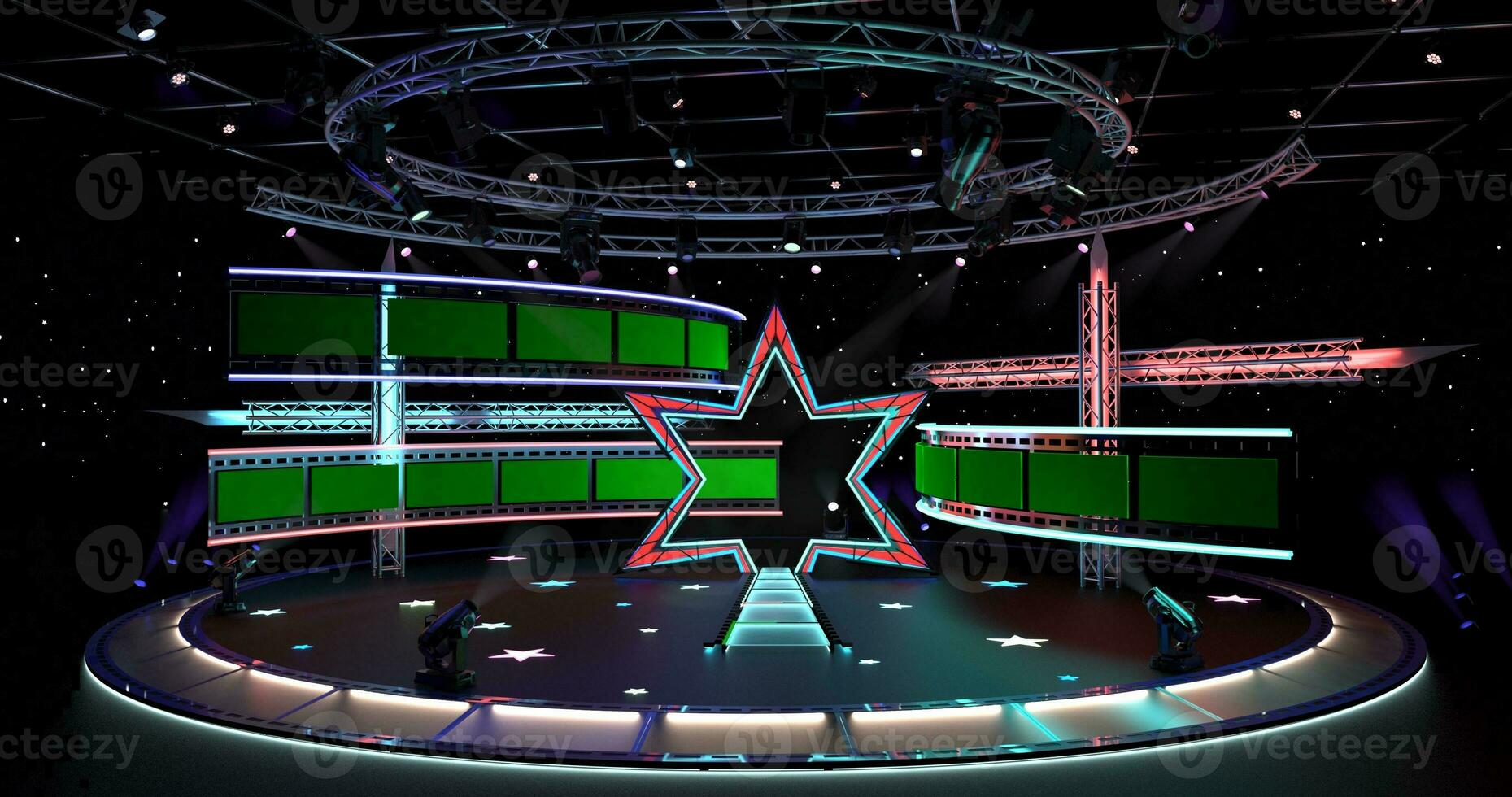 Virtual TV Studio Set. Green screen background. 3d Rendering photo