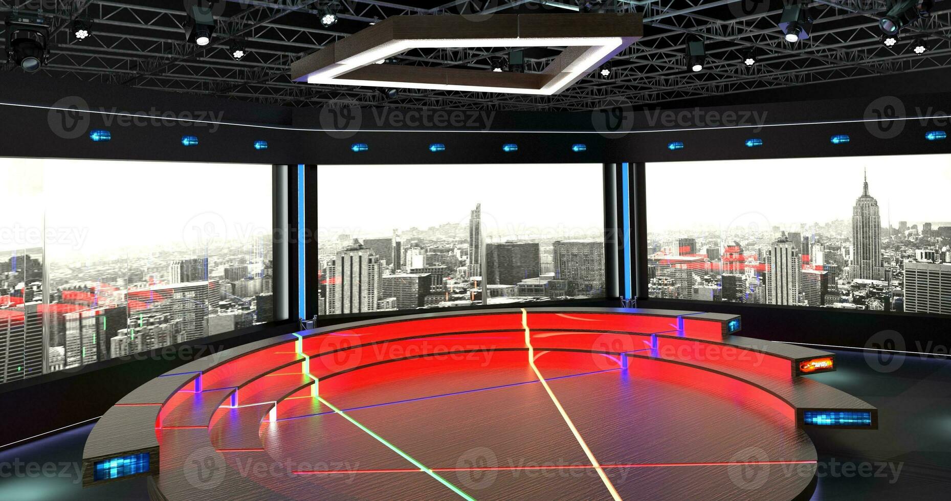 virtual televisión estudio colocar. verde pantalla antecedentes. 3d representación foto