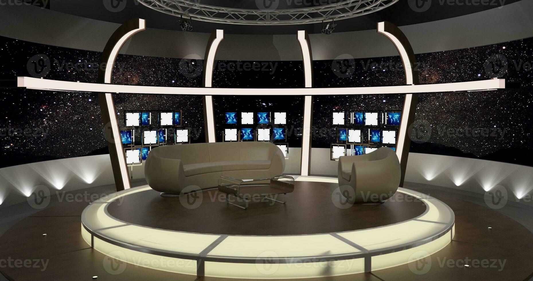 Virtual TV Studio Set. Green screen background. 3d Rendering photo