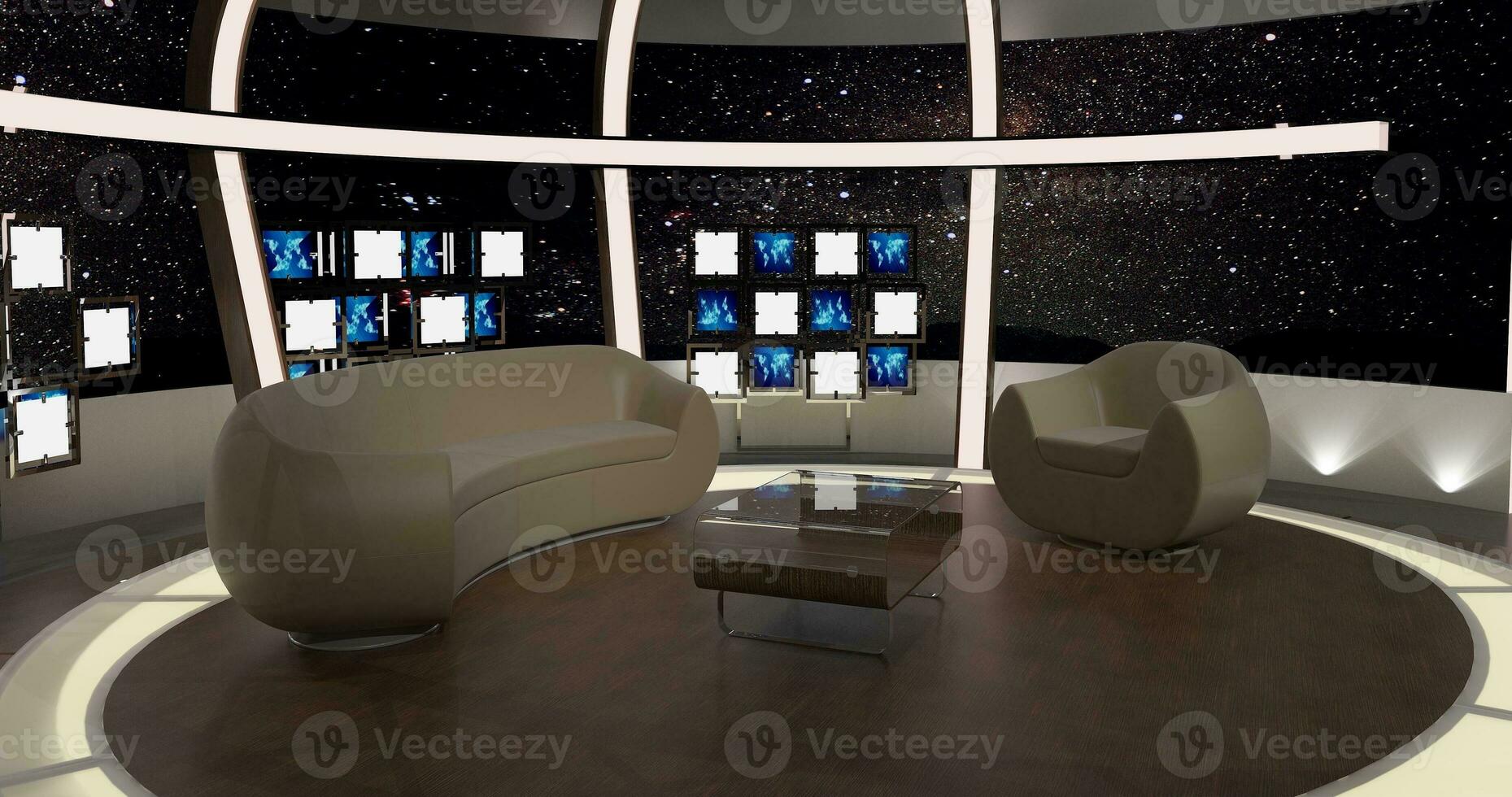 virtual televisión estudio colocar. verde pantalla antecedentes. 3d representación foto