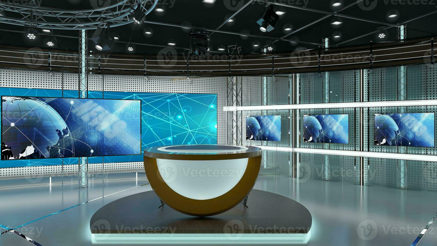 virtual televisión estudio colocar. verde pantalla antecedentes. 3d representación foto