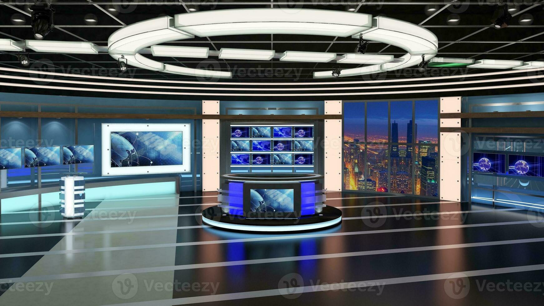 virtual televisión estudio colocar. verde pantalla antecedentes. 3d representación foto