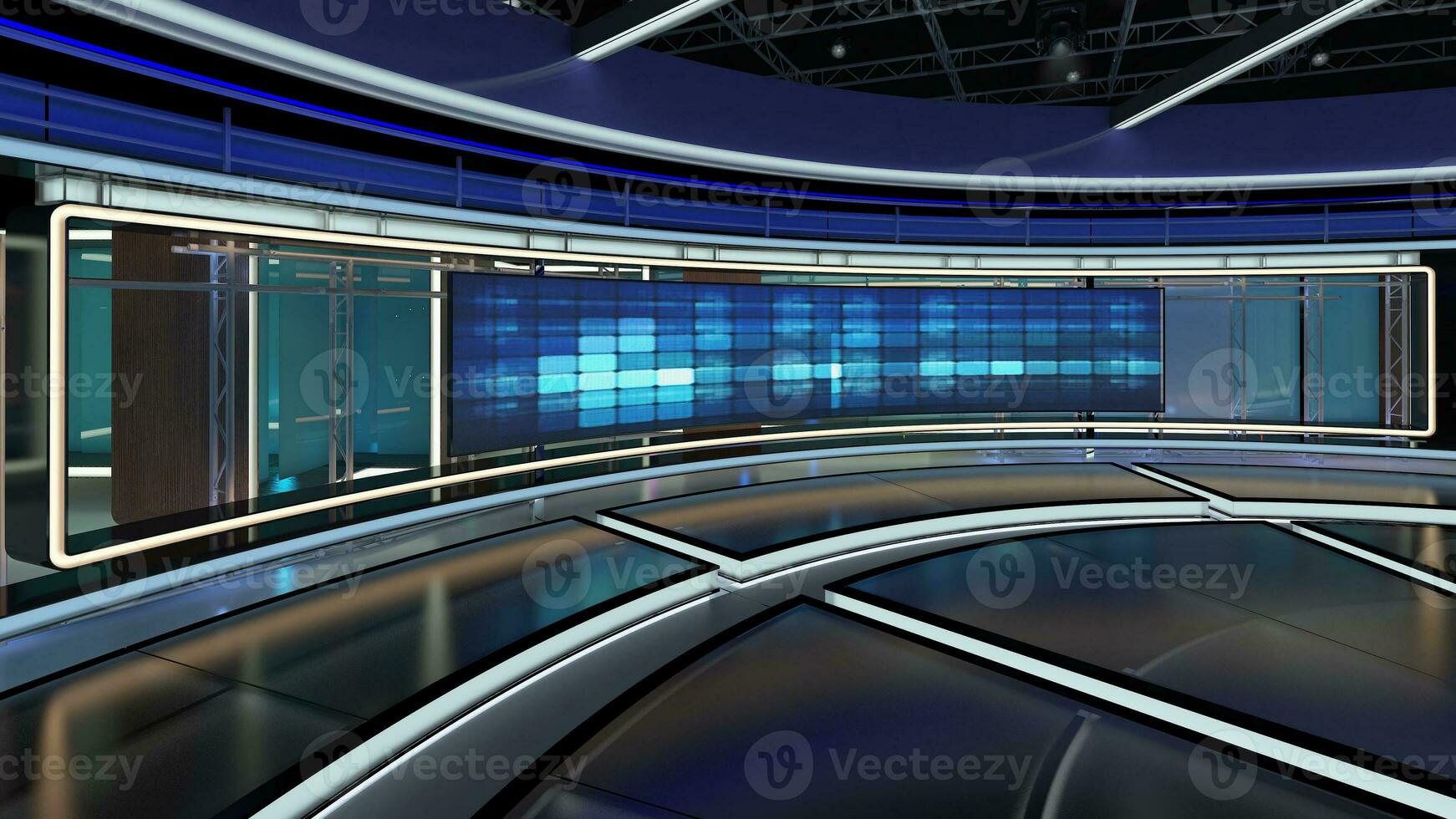 virtual televisión estudio colocar. verde pantalla antecedentes. 3d representación foto