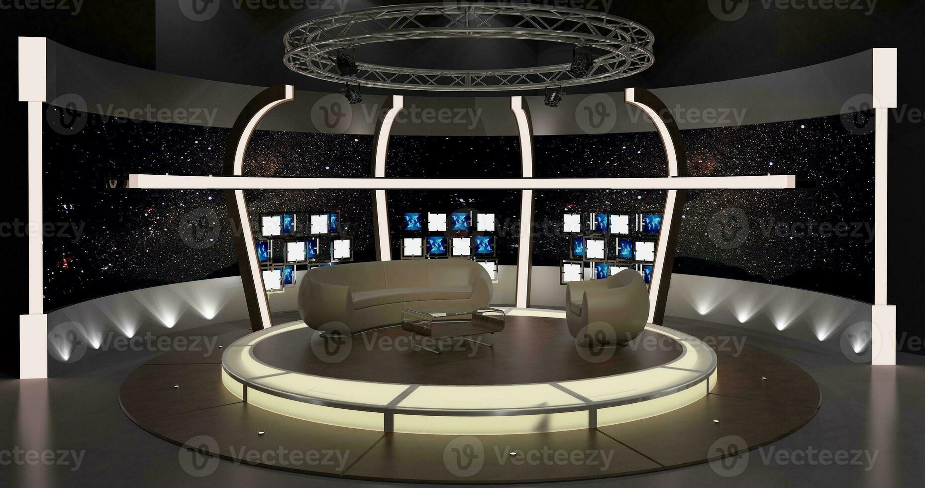 virtual televisión estudio colocar. verde pantalla antecedentes. 3d representación foto