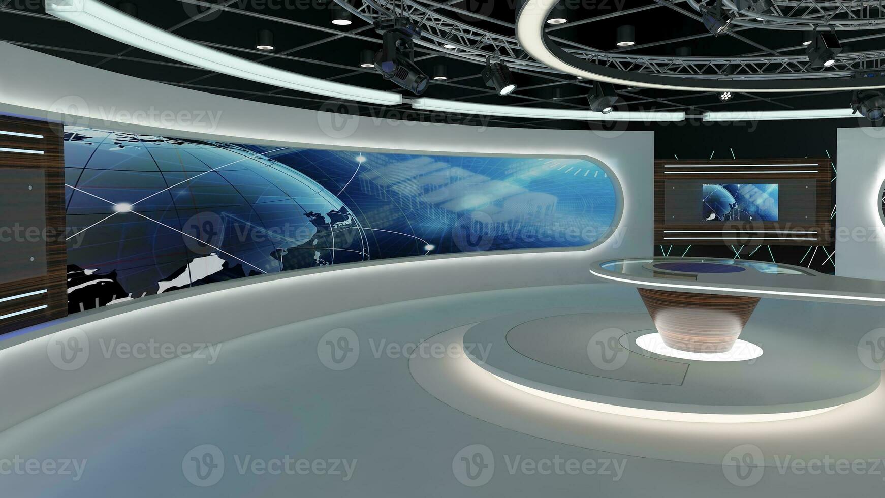 virtual televisión estudio colocar. verde pantalla antecedentes. 3d representación foto