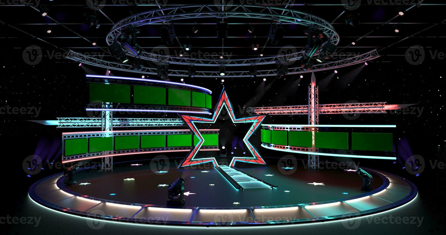 Virtual TV Studio Set. Green screen background. 3d Rendering photo