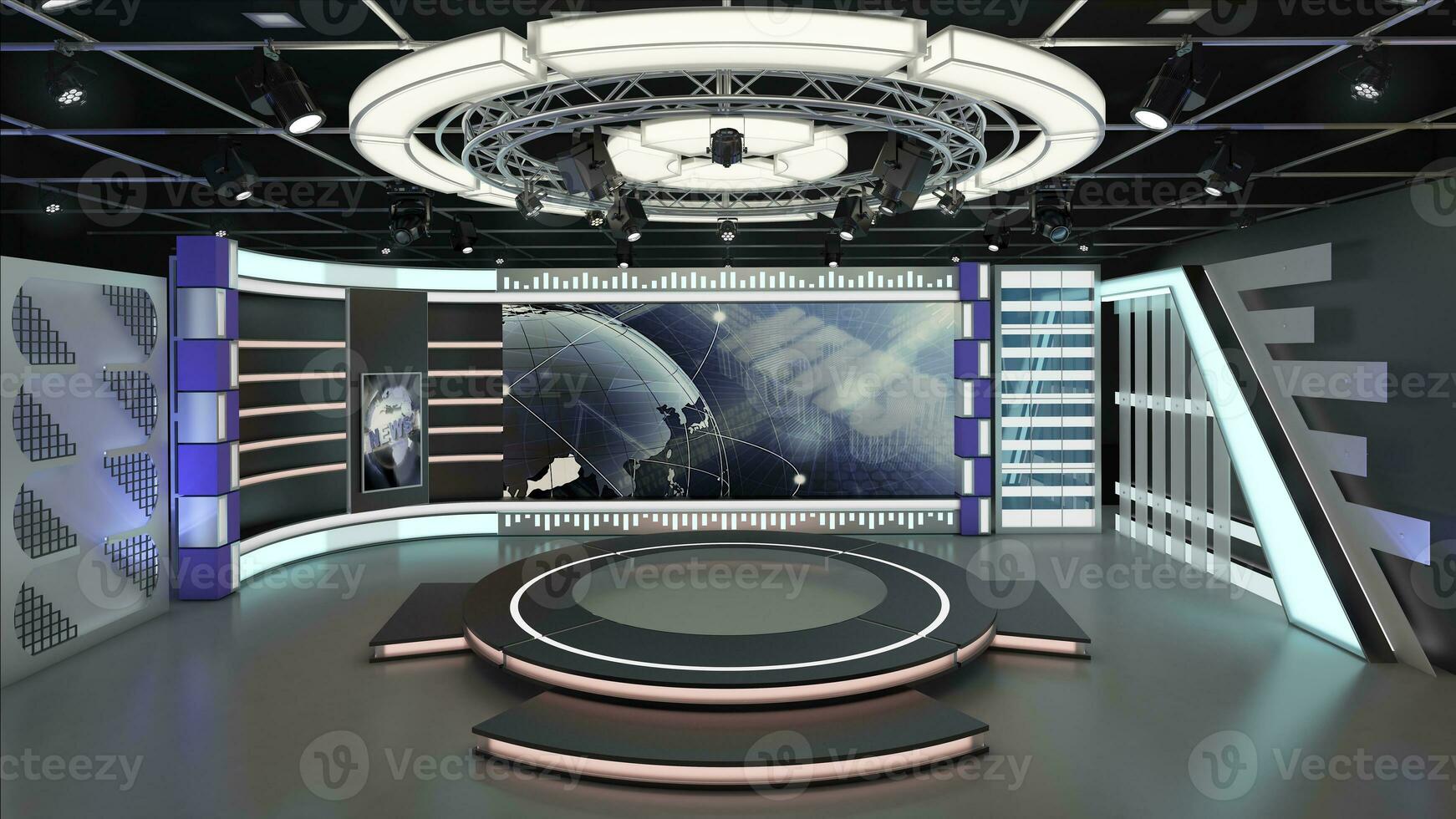 Virtual TV Studio Set. Green screen background. 3d Rendering photo
