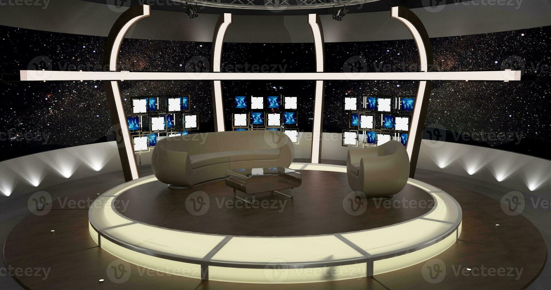 Virtual TV Studio Set. Green screen background. 3d Rendering photo