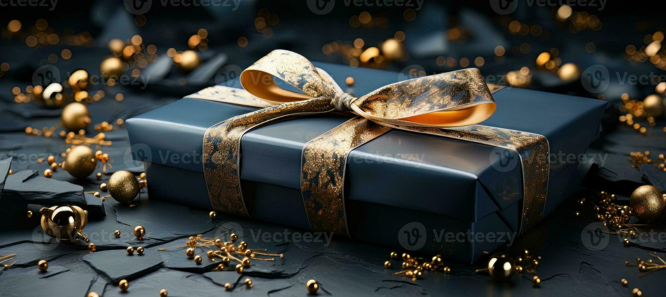 AI generated A Christmas box with gold ribbons Generative AI. photo