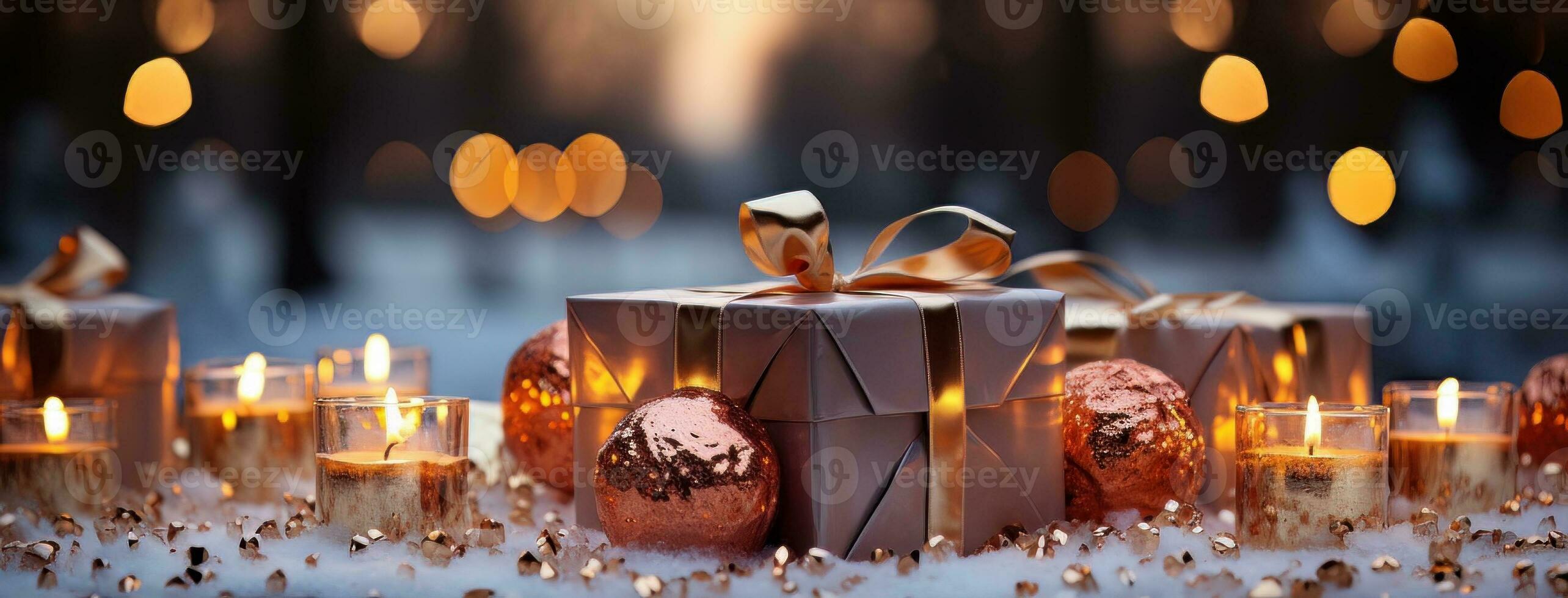 AI generated A Christmas box with gold ribbons Generative AI. photo