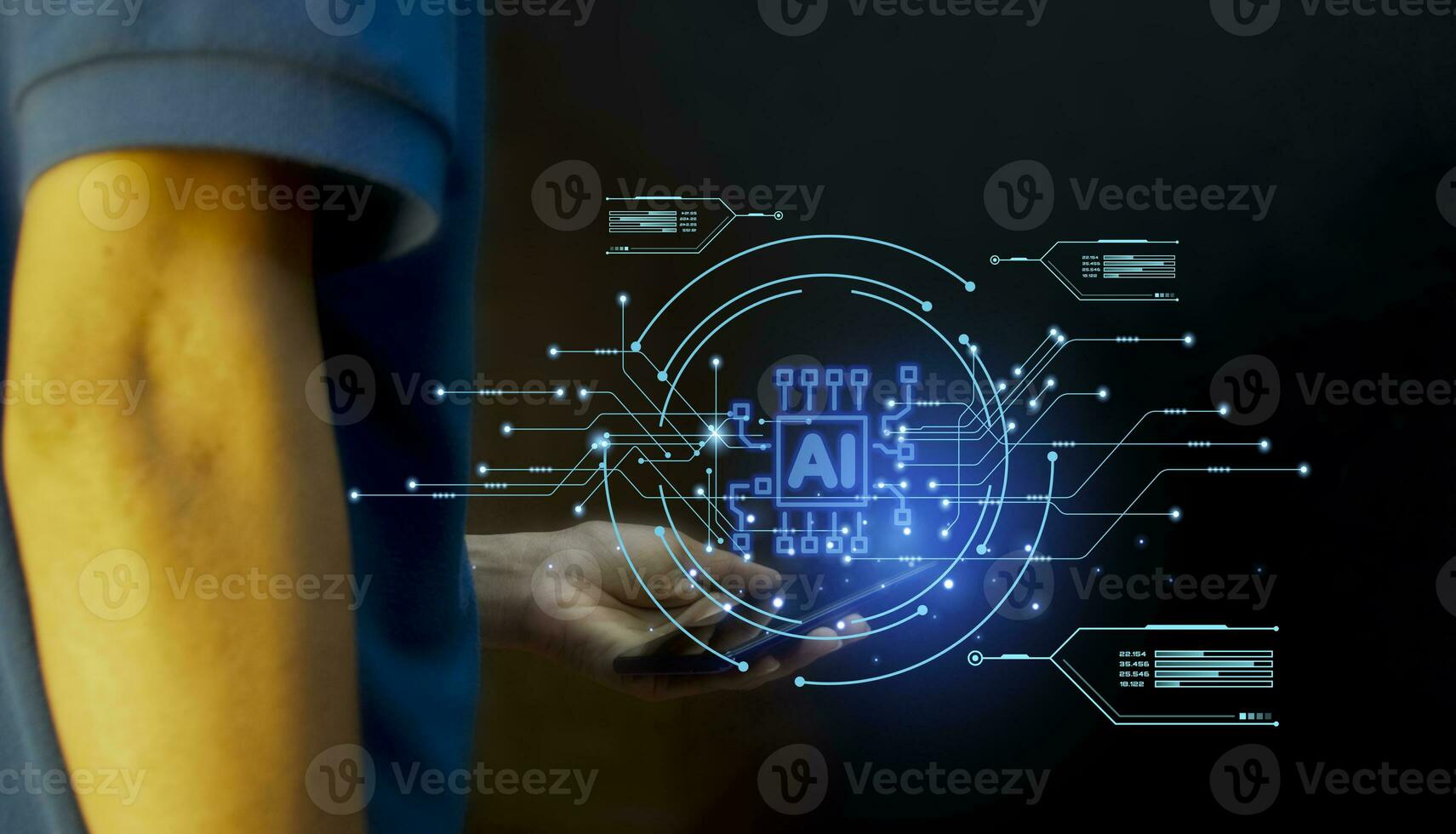 Ai tech, businessman show virtual graphic Global Internet connect  with AI, Artificial Intelligence. using command prompt for generates something, Futuristic technology transformation photo