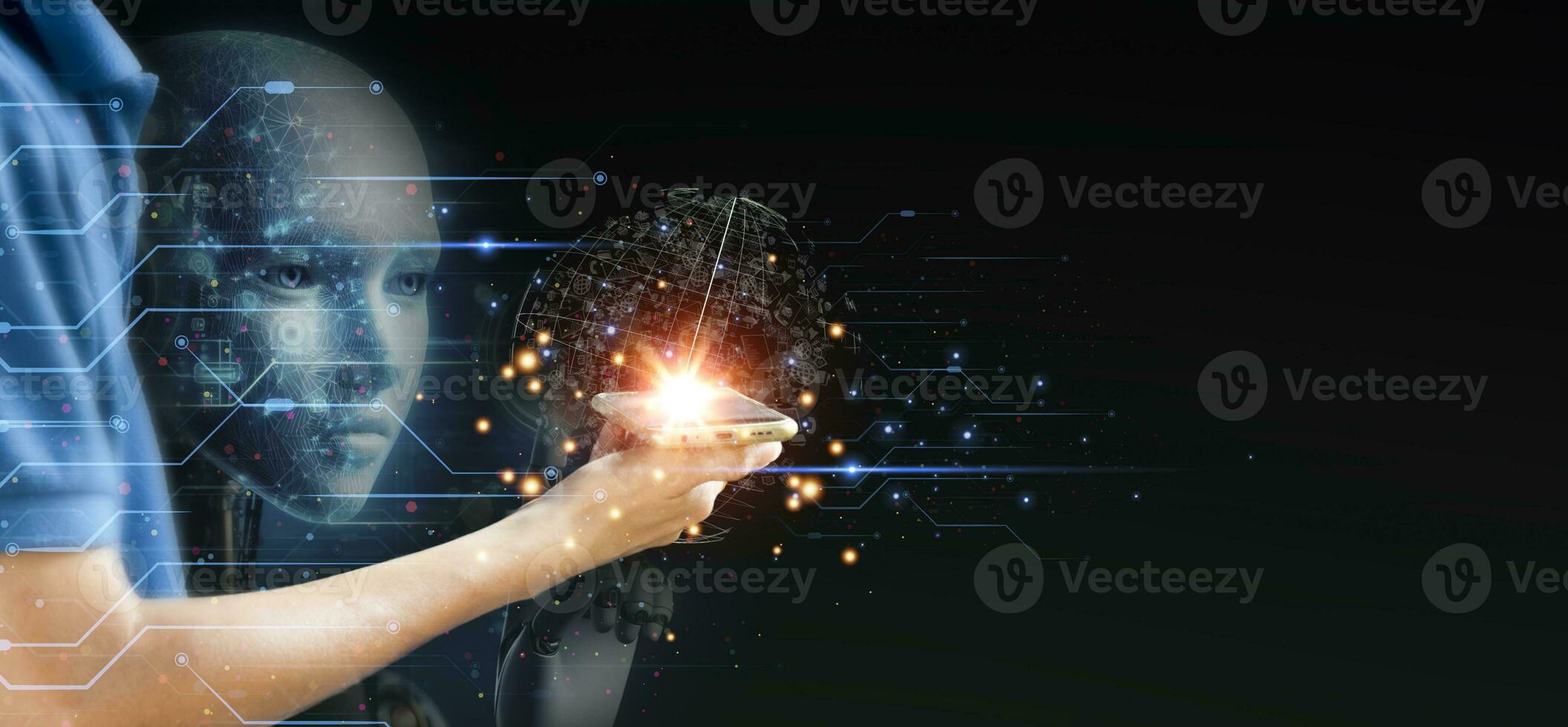 Ai tech, businessman show virtual graphic Global Internet connect  with AI, Artificial Intelligence. using command prompt for generates something, Futuristic technology transformation photo