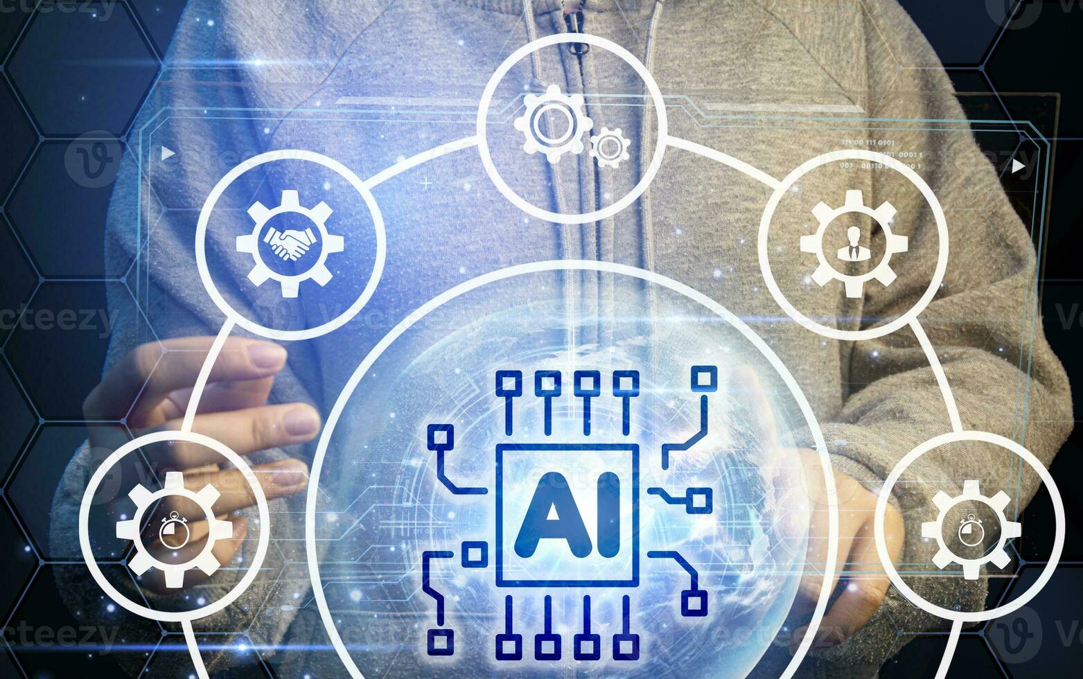Ai tech, businessman show virtual graphic Global Internet connect  with AI, Artificial Intelligence. using command prompt for generates something, Futuristic technology transformation photo