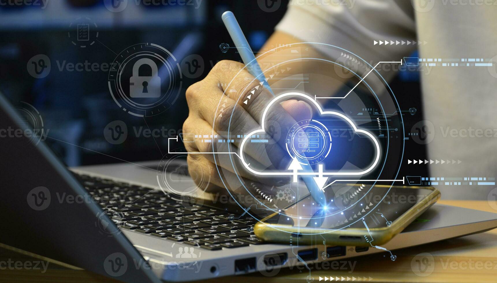 Man using laptop and smartphone with cloud computing diagram cloud technology Data storage Concept of network and internet services photo