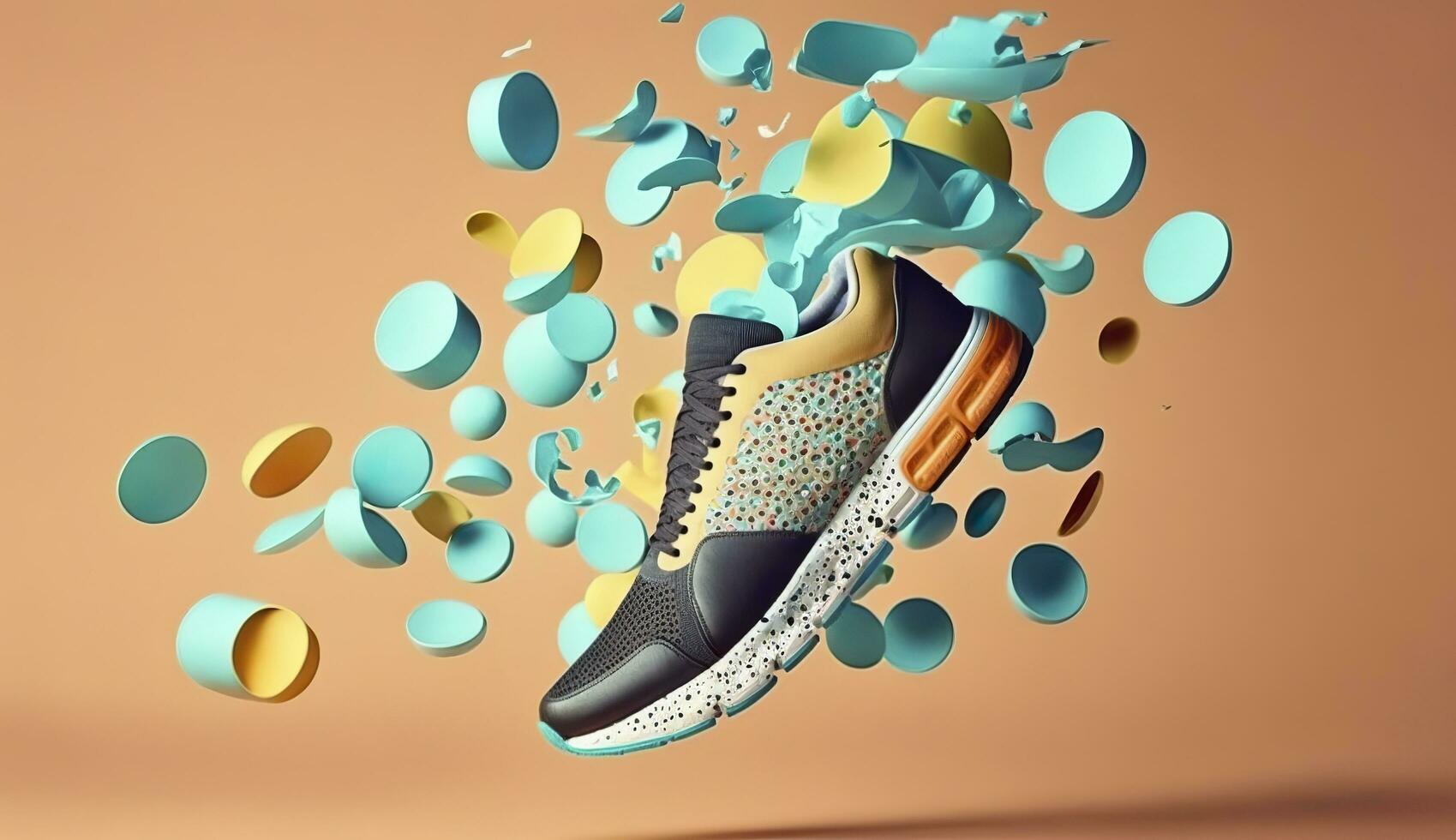 AI generated Flying trendy sneakers on creative colorful background, Stylish fashionable concept. AI Generated photo