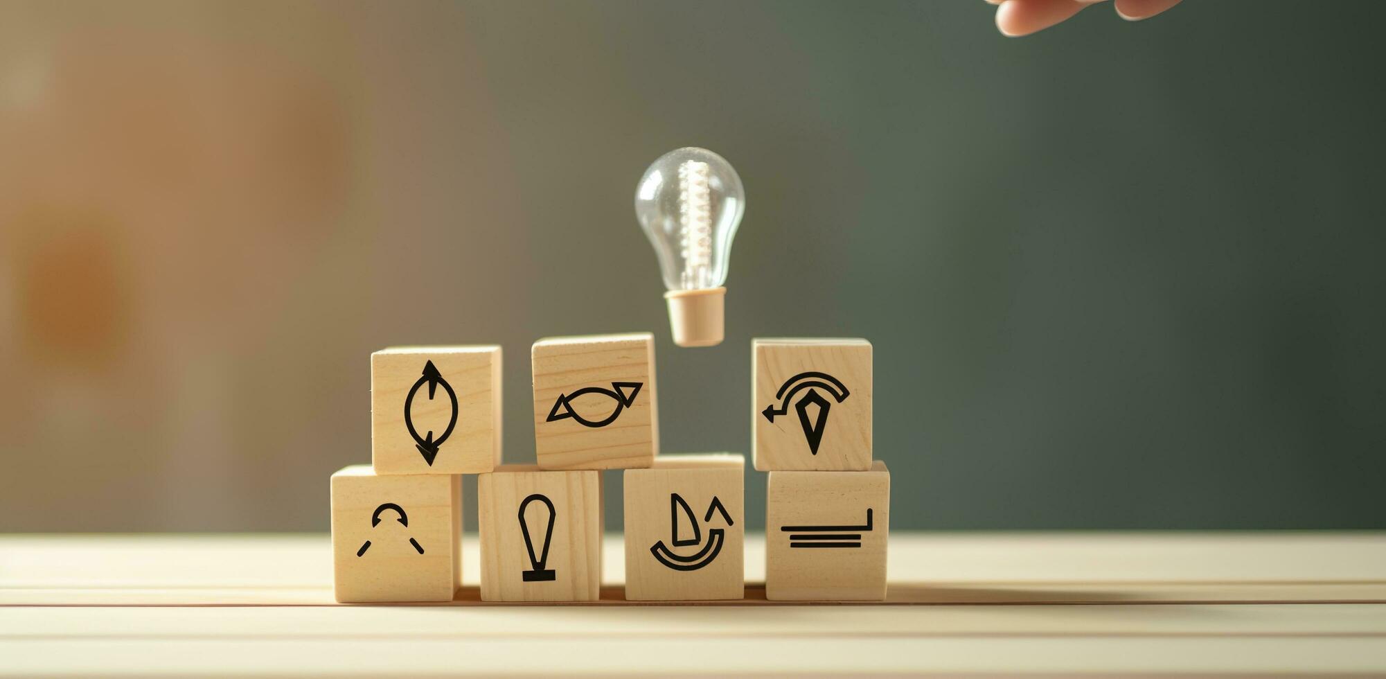 AI generated Creative idea, solution and innovation concept. Idea generation for business development. Wooden cube blocks with light bulb and cycle icons on clean background and copy space. photo