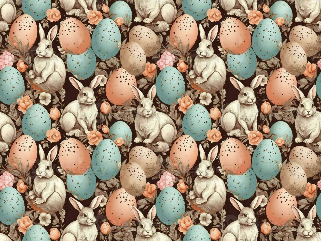 AI generated Seamless Easter pattern with colorful eggs, bunnies and flowers. photo