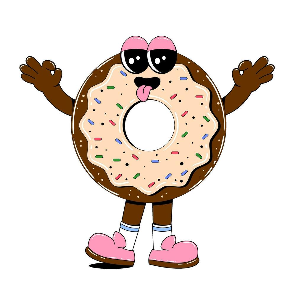 Cute donut character in retro cartoon style. Vector illustration of a sweets mascot with arms, legs and a cheerful face on a white isolated background.