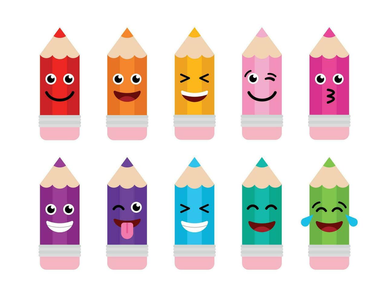 Set of Colorful Pencils, Cartoon Chunky Drawing Tools With Different Emoji Style Faces, Back To School Clipart vector