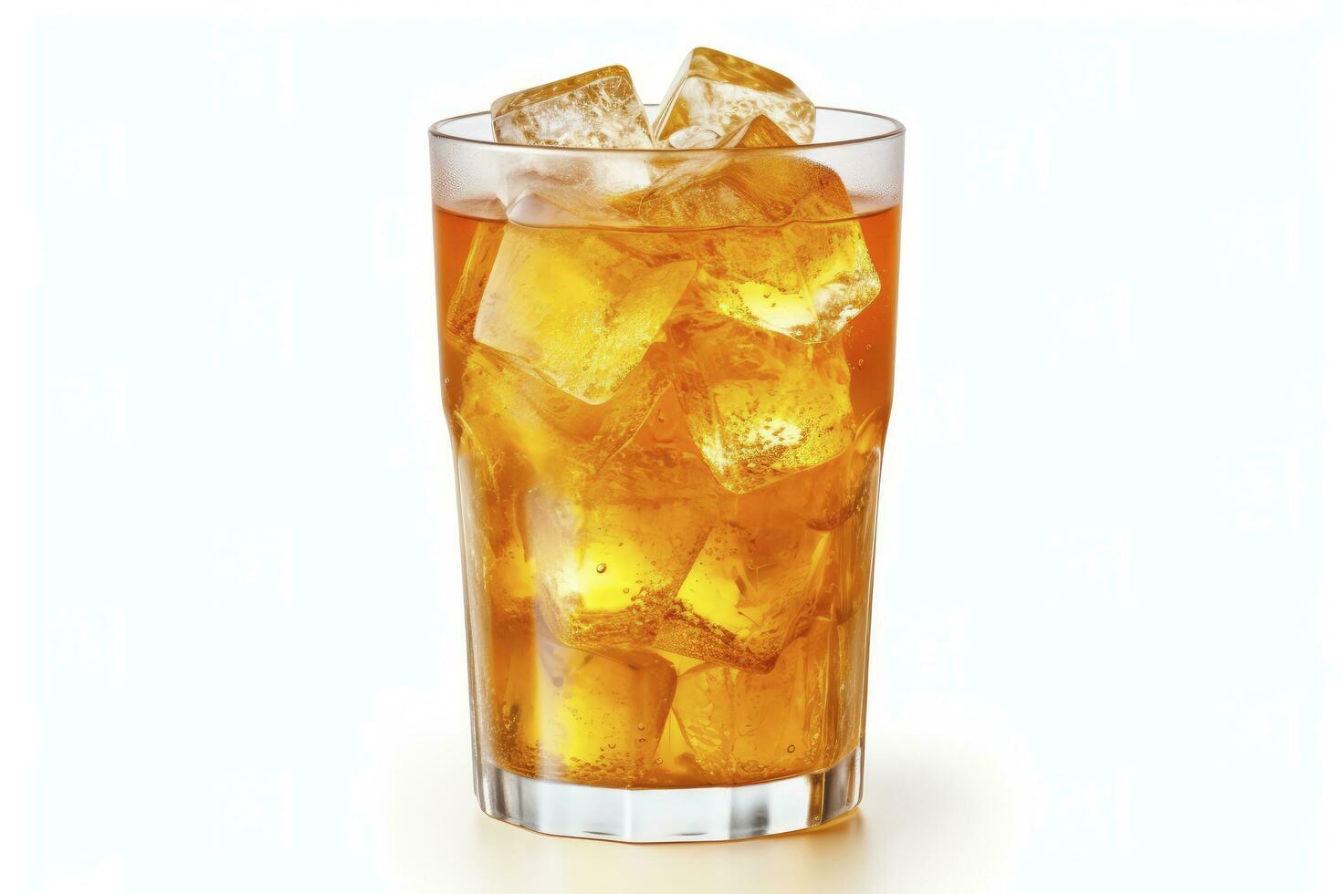 AI generated A glass of orange soda water with ice cubes on white background. AI Generated photo