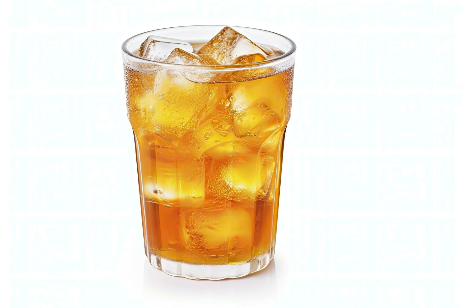 AI generated A glass of orange soda water with ice cubes on white background. AI Generated photo