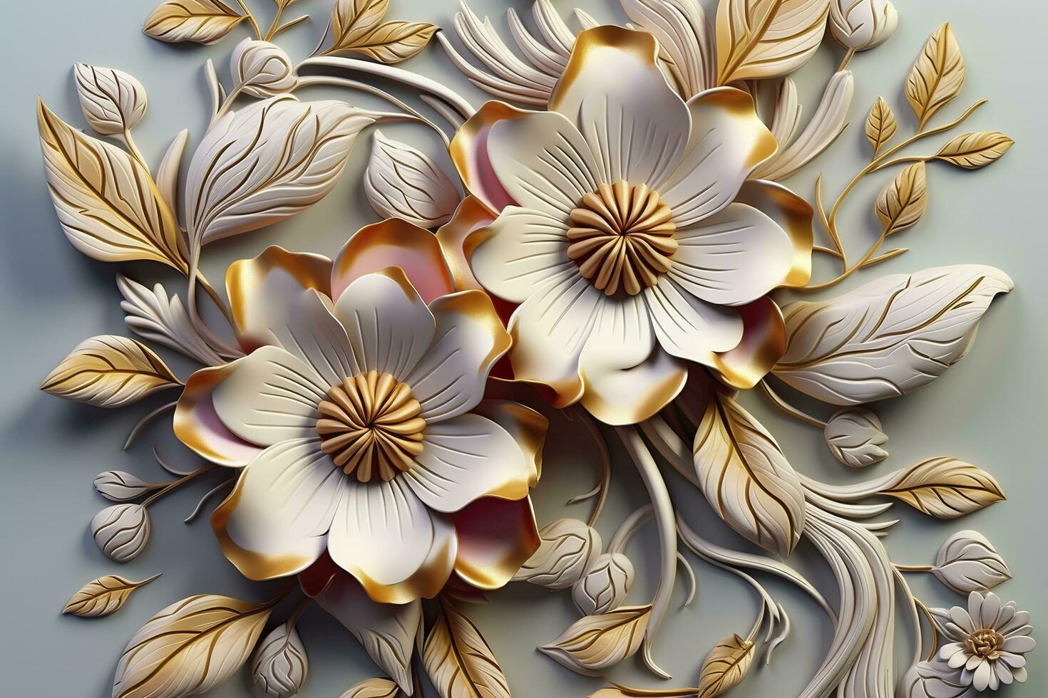 AI generated Elegant colorful 3d flowers with leaves on a tree illustration background. Generative AI photo