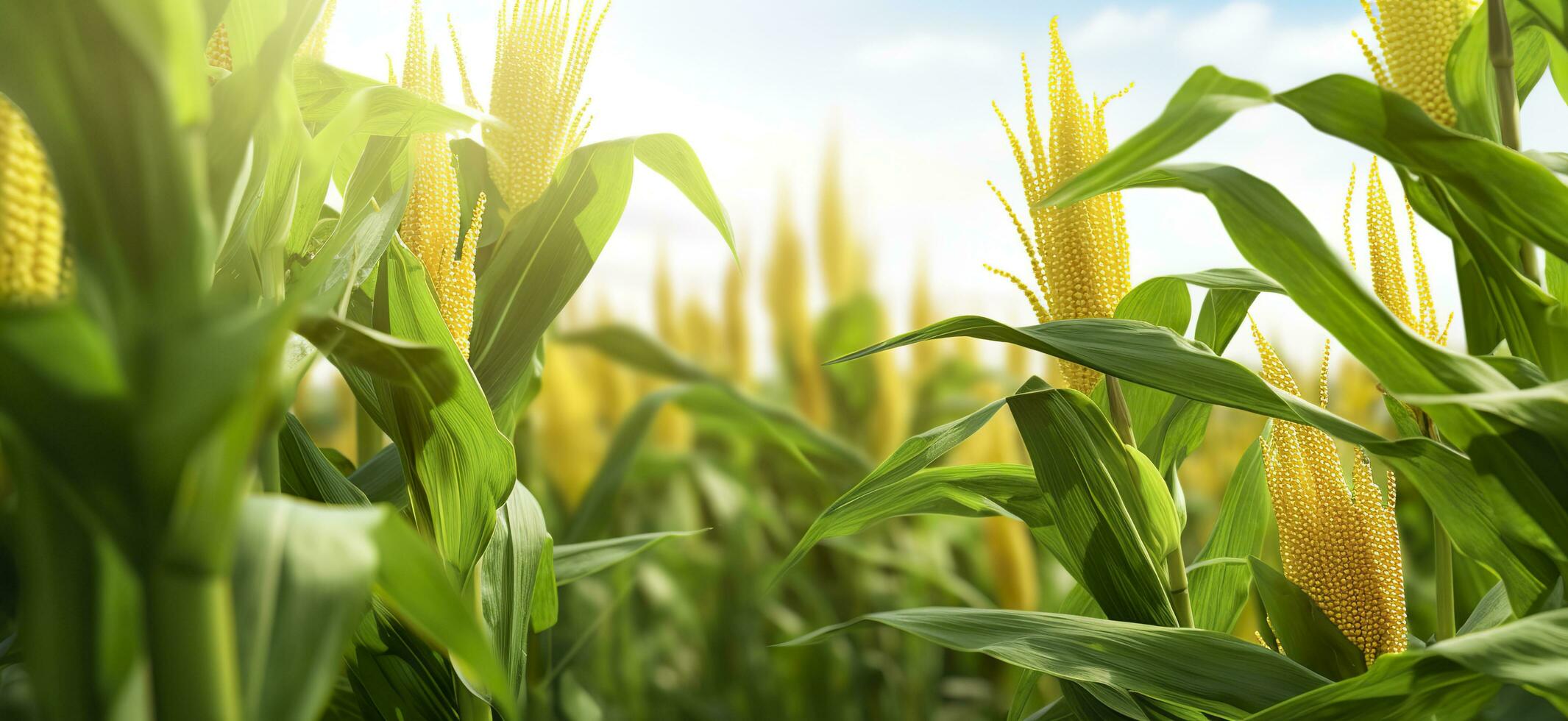 AI generated Closeup corn cobs in corn plantation field. Generative AI photo
