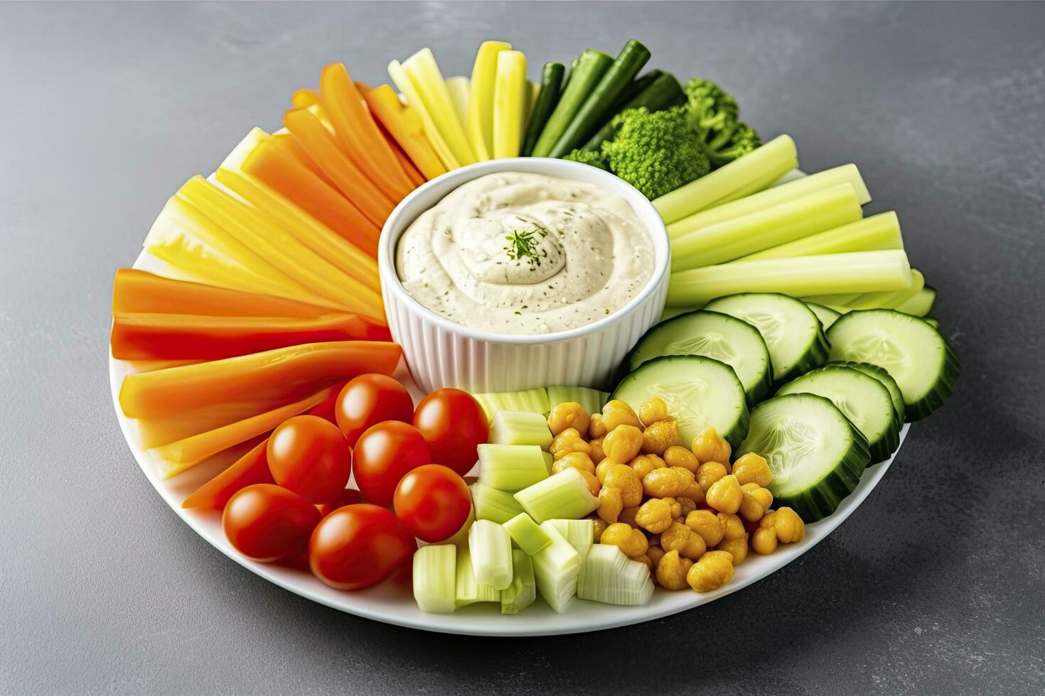 AI generated Crop shot of plate with colorful healthy sliced vegetables. AI Generated photo