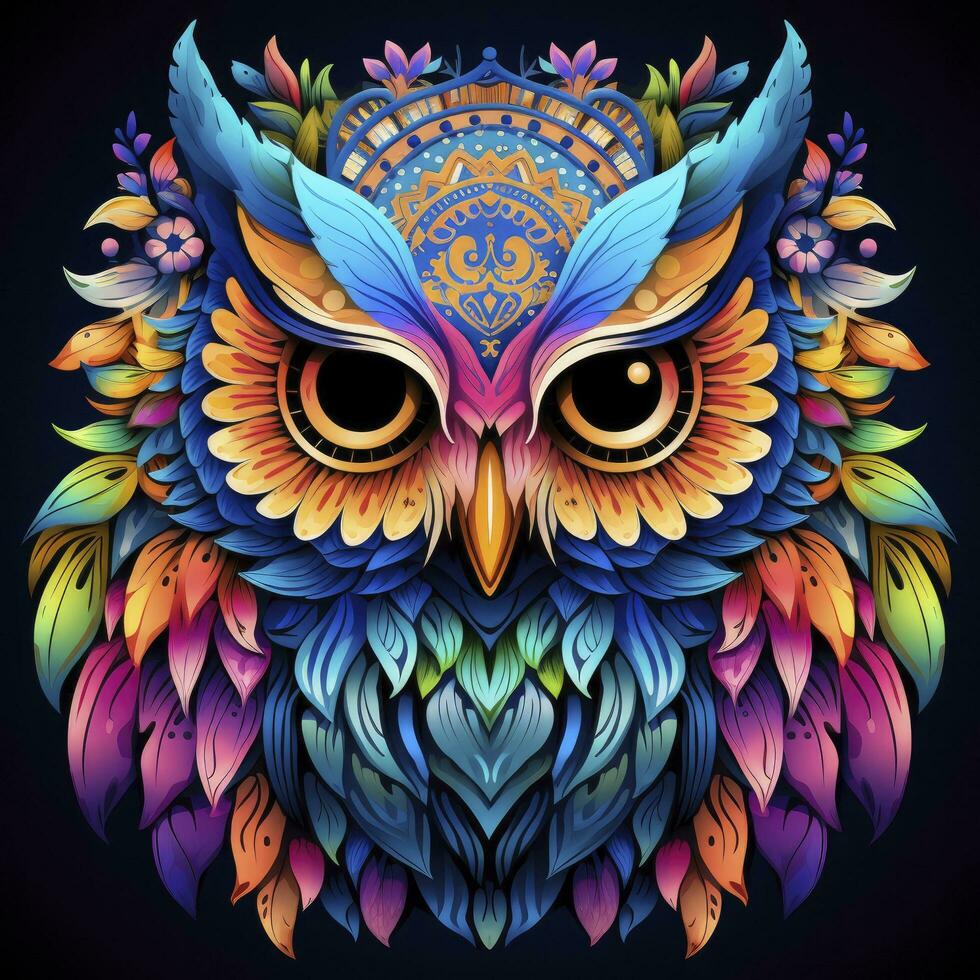 AI generated Multicolored mandala owl coloring page for adults. AI Generated photo