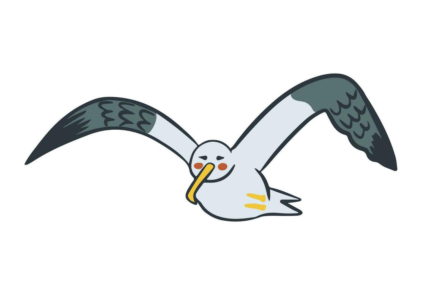 Cute flying hand drawn seagull in kawaii cartoon style. Vector isolated sea bird for sea style decoration, sticker. Summer holiday concept character.