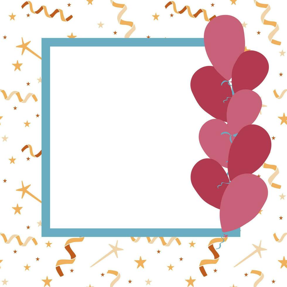 Vector celebrating frame template with balloons on white background. Golden stars with confetti on background. Square composition. Good for social media, background, post, greeting card.