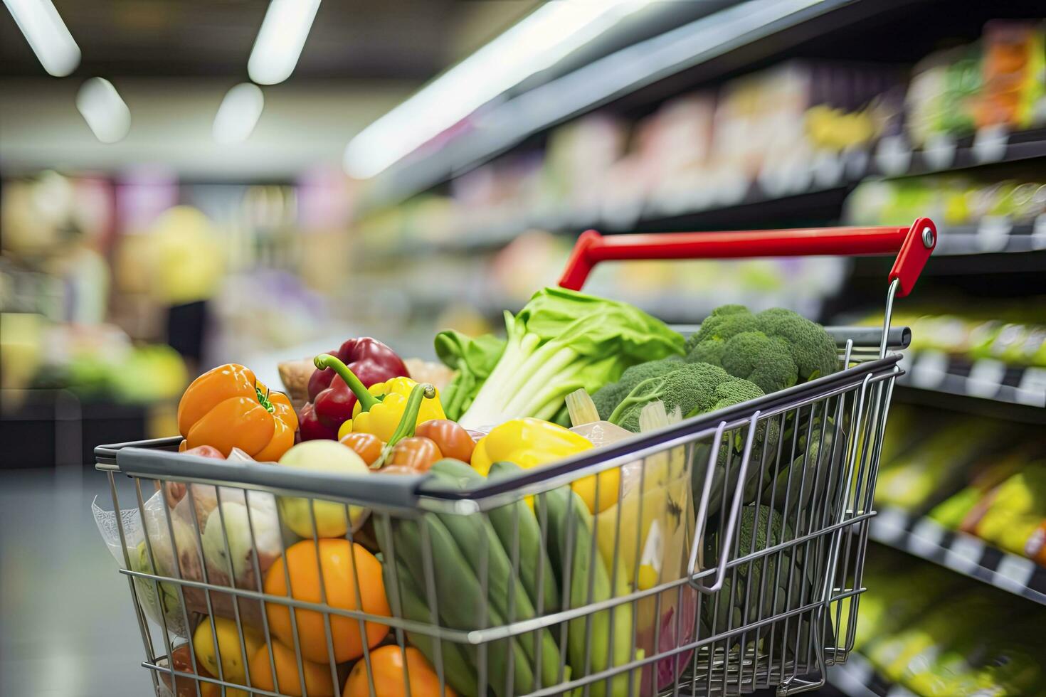 AI generated Close up of full shopping cart in grocery store. AI Generated photo